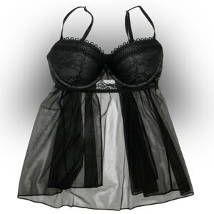 VICTORIA’S SECRET Black Babydoll Nightie Mesh Lace Padded Cups Size 36D